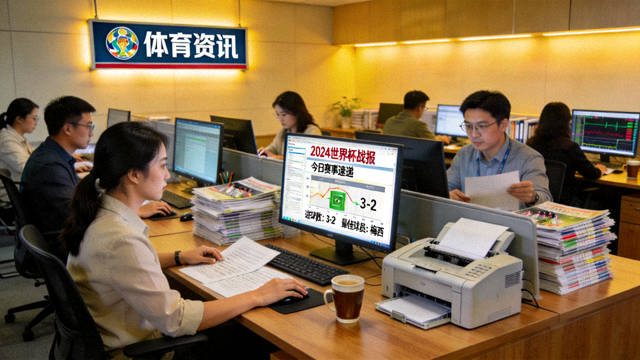 体育资讯编辑室整理赛事新闻与战报内容的场景